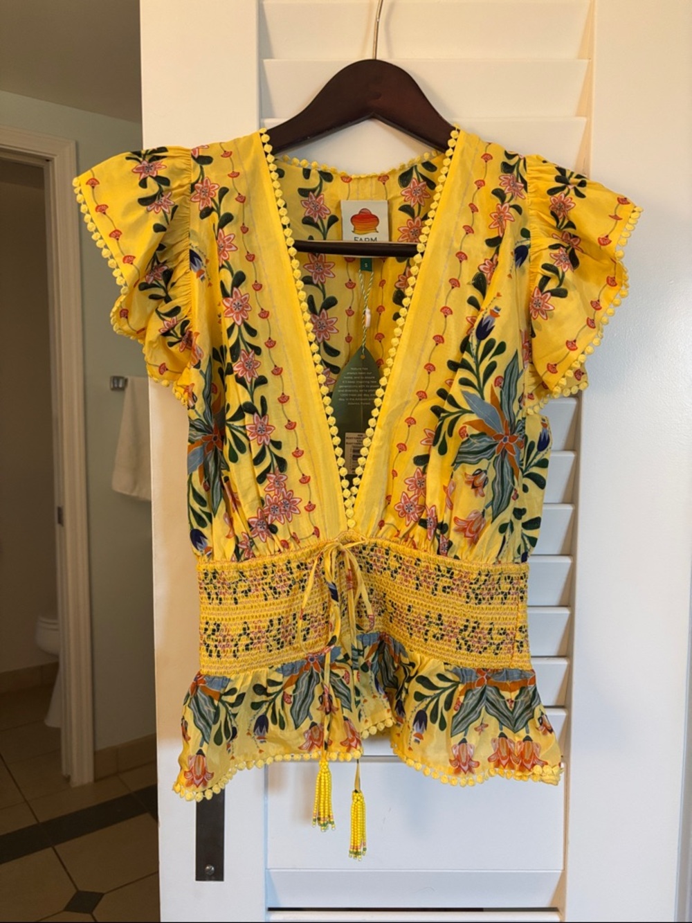 FARM Rio Yellow Floral V-Neck Smocked Tie Top